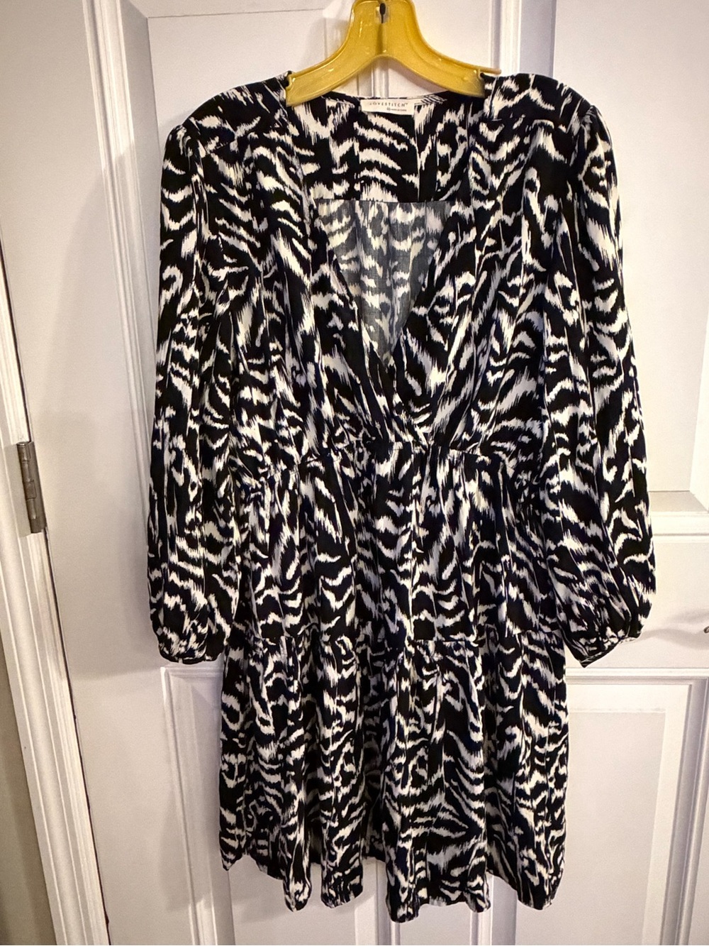 lovestitch Black and White Printed Long Sleeve Tiered Dress